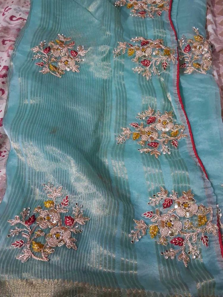 Designer Embellished Teal Saree