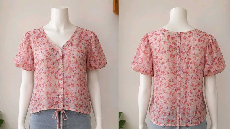Floral Print V-Neck Puff Sleeve Top