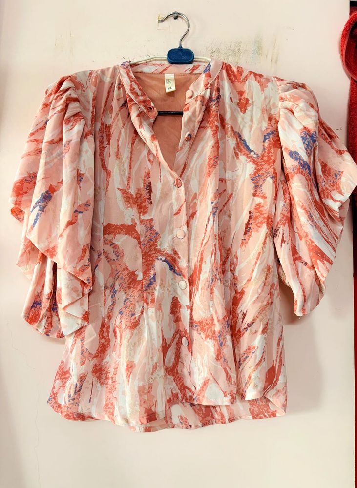 Abstract Marble Print Flutter-Sleeve Blouse