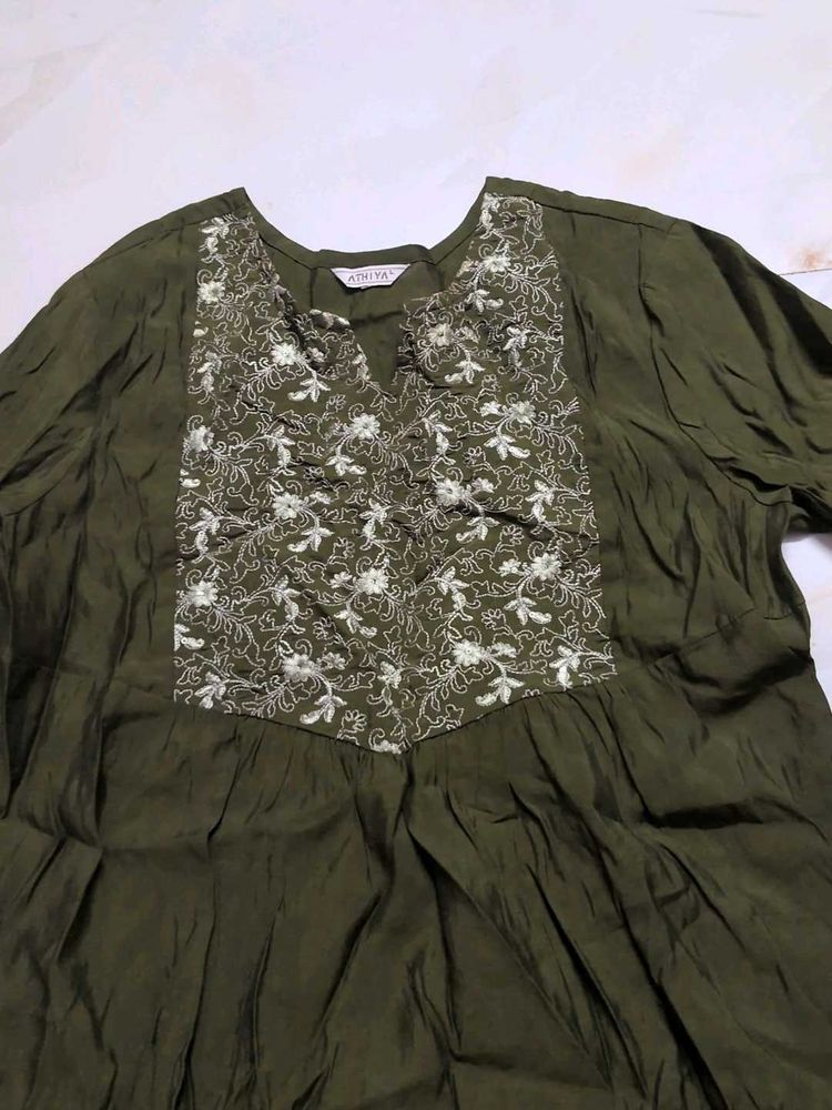 Embroidered Olive Green Kurta