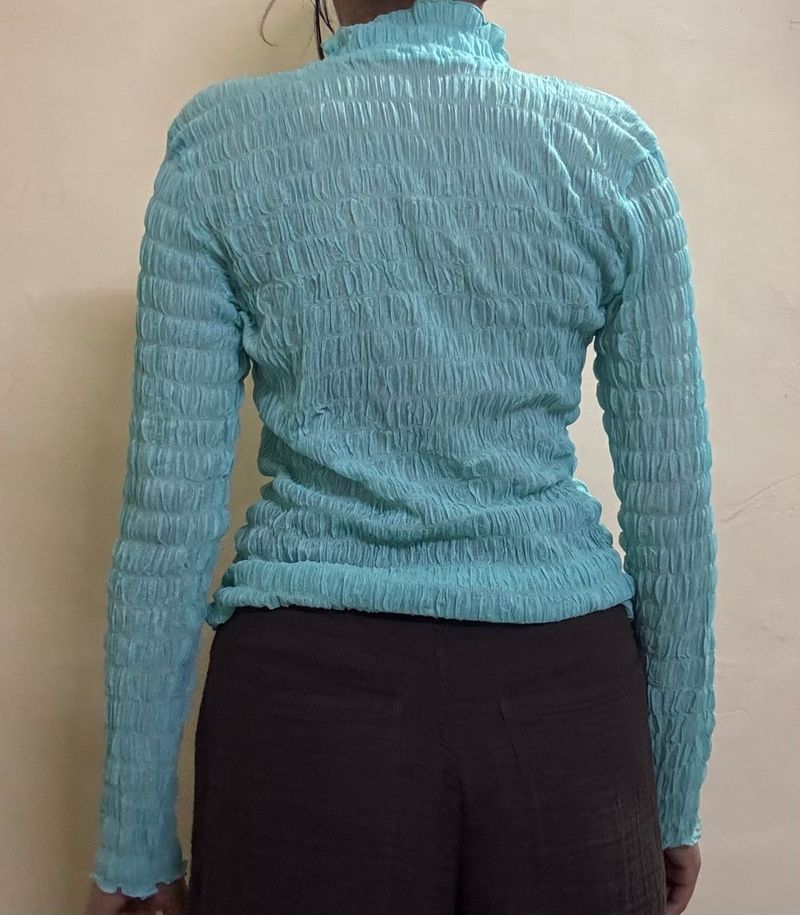 Light Blue Smocked Turtleneck Top