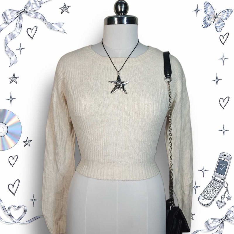 Cream Ribbed Knit Cropped Sweater