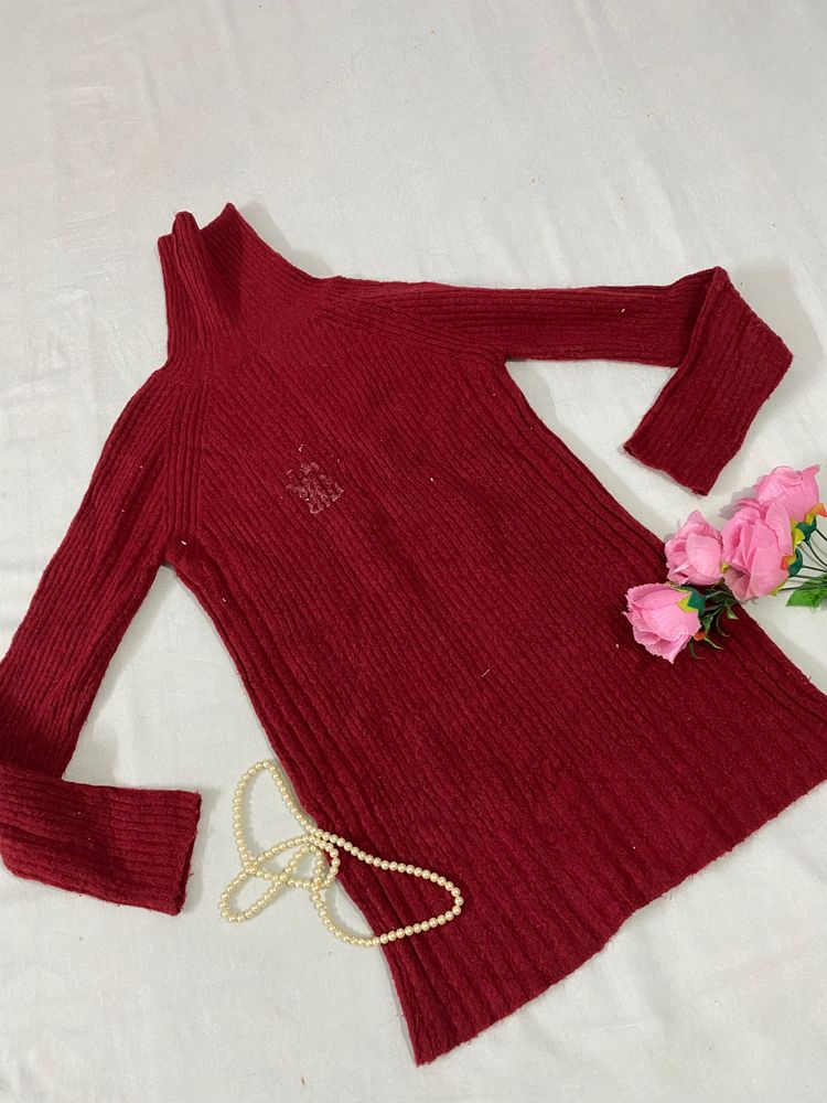 Burgundy Turtleneck Knit Sweater