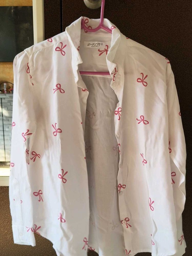 White Shirt with Pink Bow Print