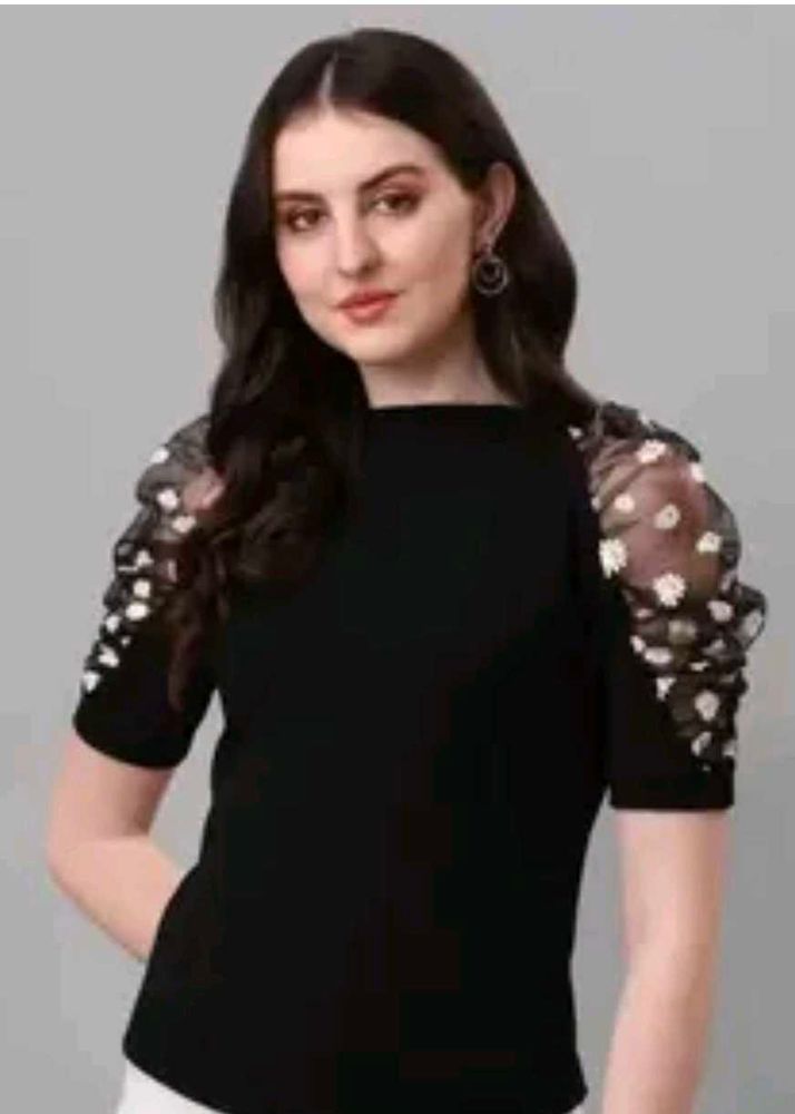 Chic Black Top with Floral Puff Sleeves