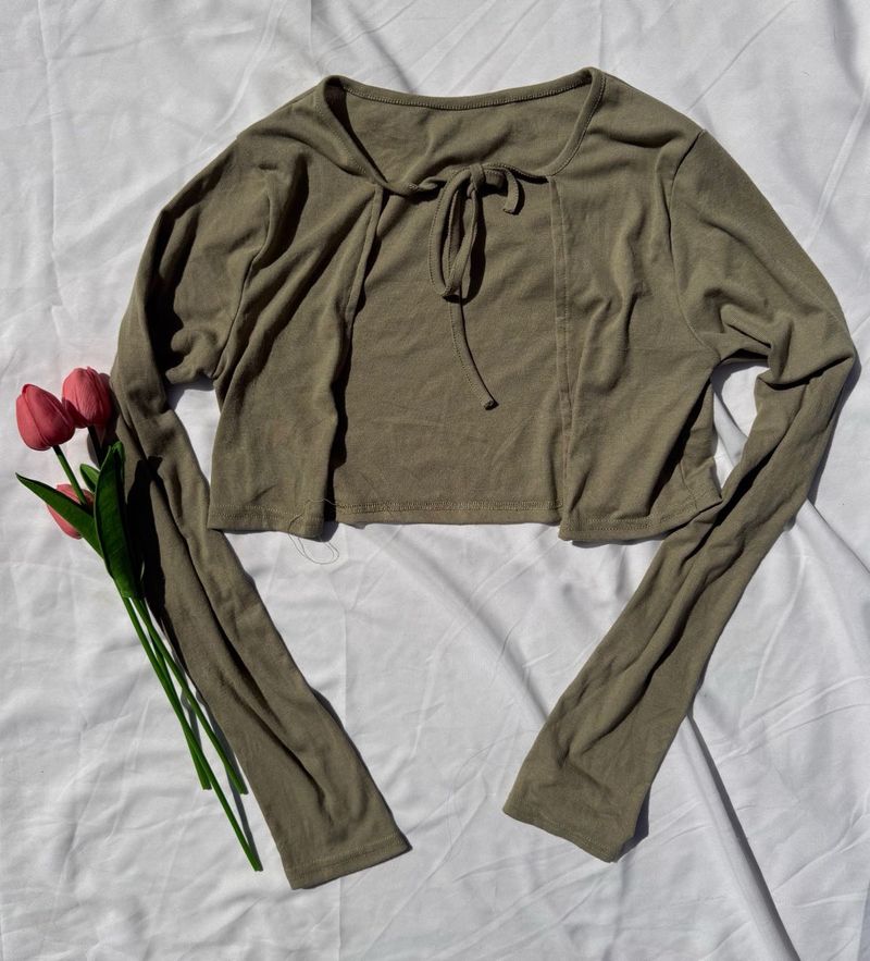 Olive Green Tie-Neck Cropped Top