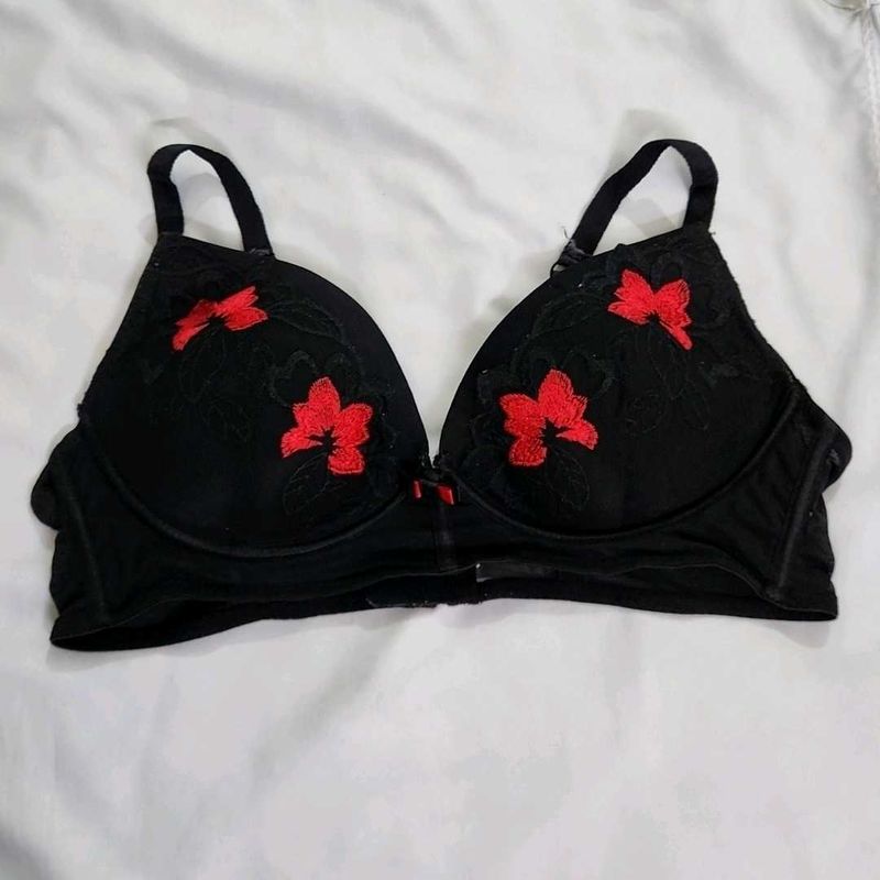 Floral Embroidered Black Bra