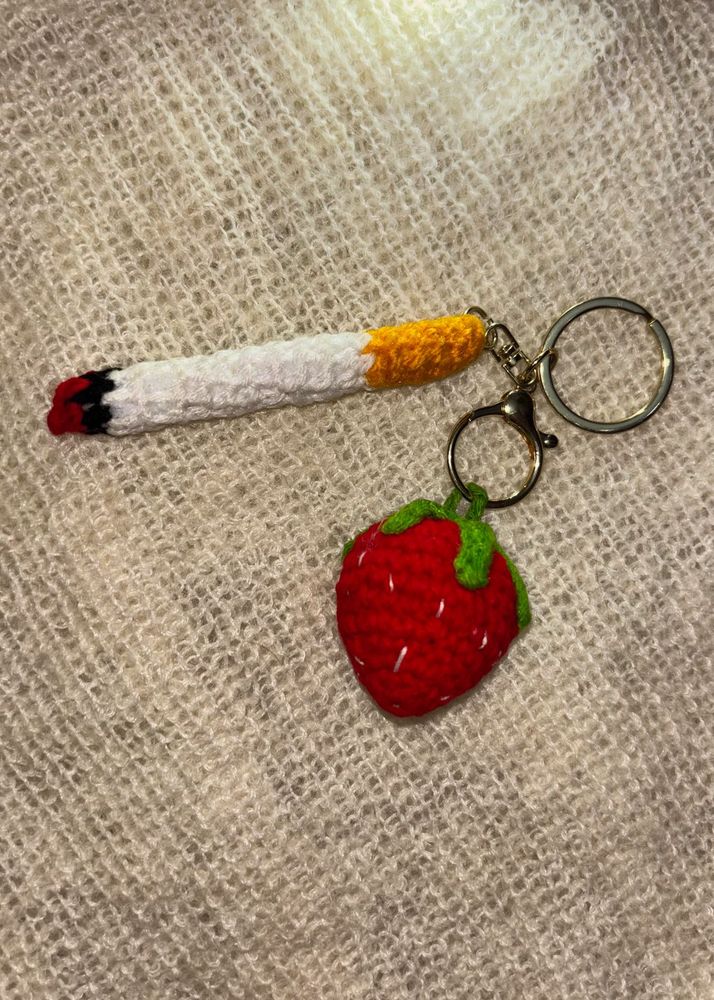 Crocheted Cigarette &amp; Strawberry Keychain