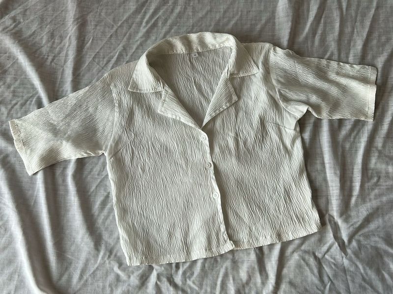 White Textured Short Sleeve Top