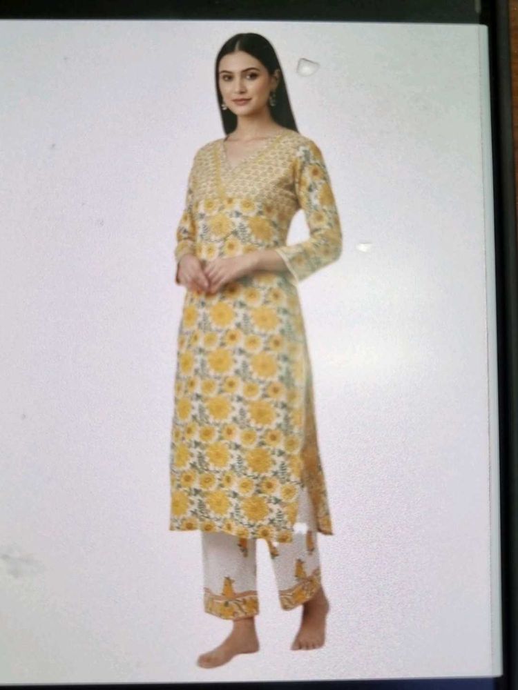 Yellow Floral Print Kurta Set