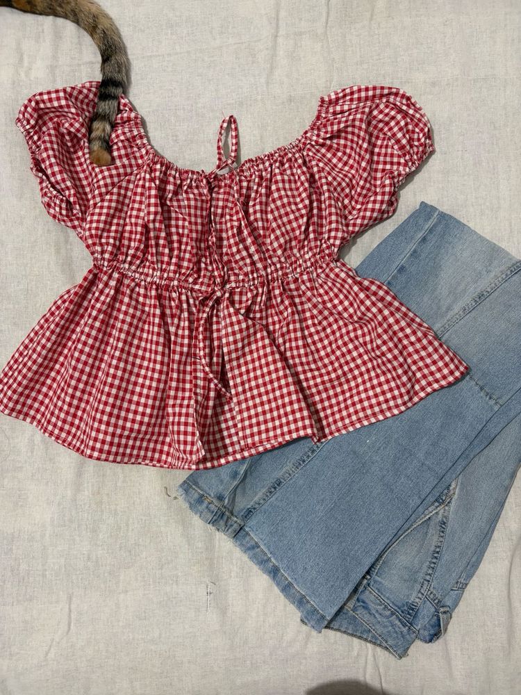 Red Gingham Off-Shoulder Top and jeans zudio