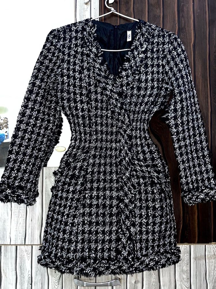 ZARA Houndstooth Tweed Mini Dress