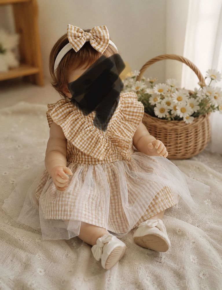 Adorable Gingham Ruffle Dress with Headband-new