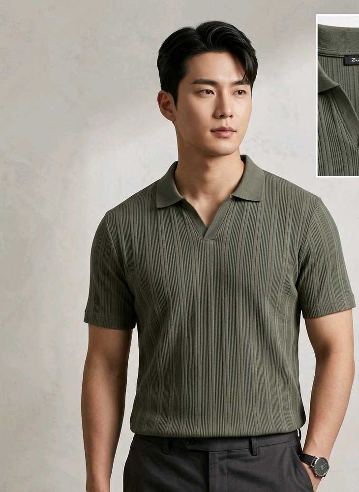 Zudio Men's Olive Green self design Polo T-Shirt