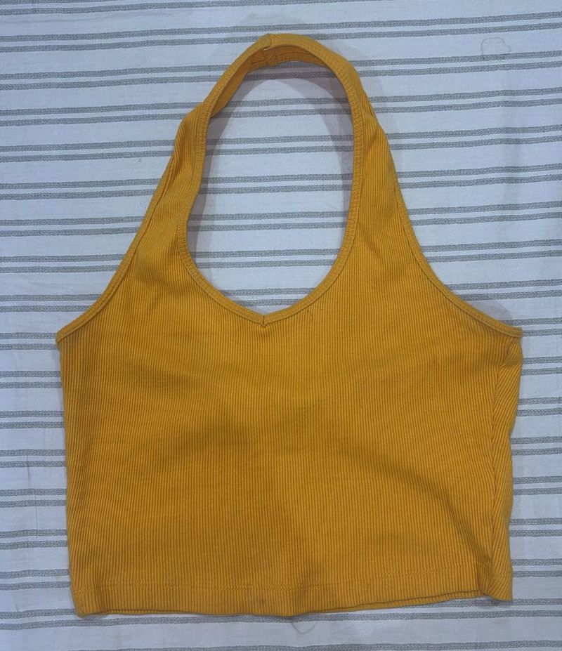 Yellow Ribbed Halter Neck Crop Top