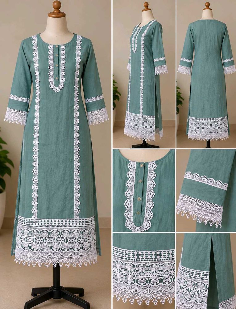 Elegant Green Kurta with White Lace