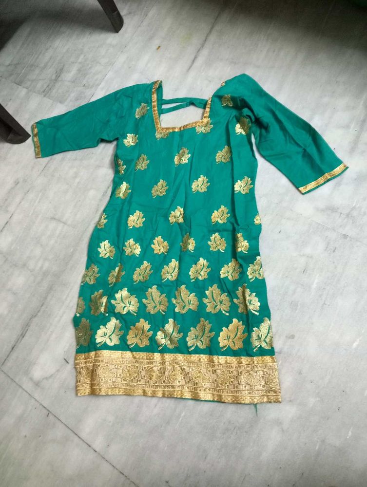 Teal and Light Green Kurta with Gold Print Combo F