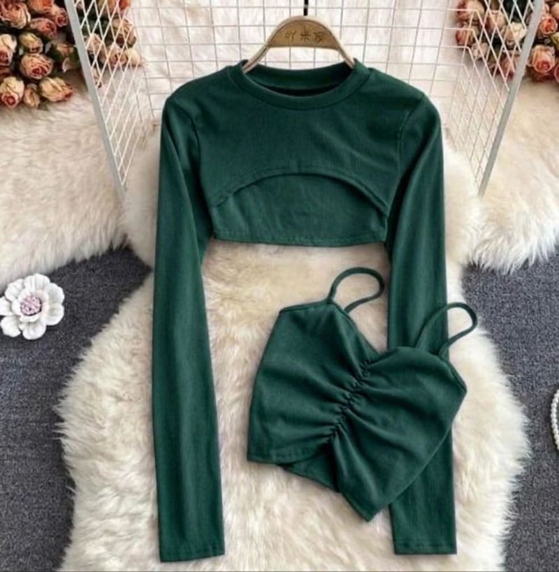 Chic Green Crop Top &amp; Camisole Set