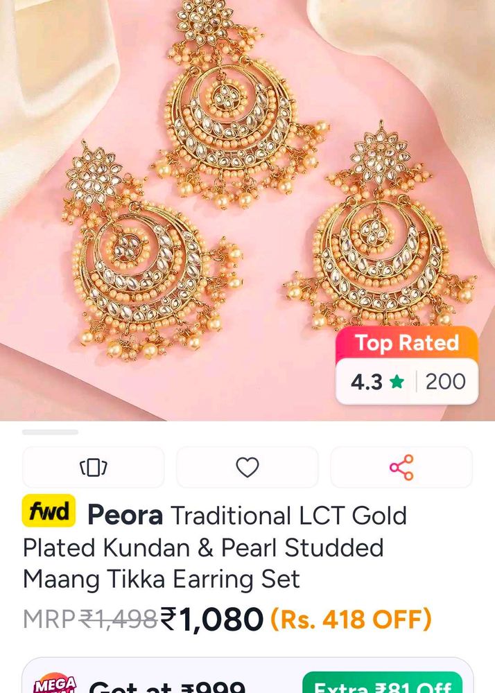 Plated Kundan &amp; Pearl Studded Maang Tikka Earring