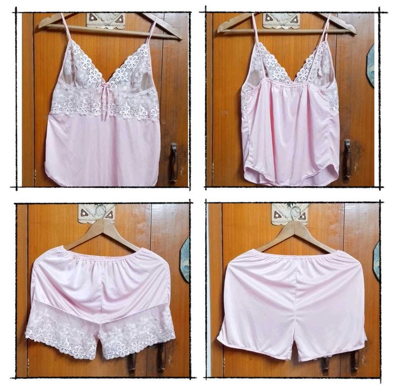 Lace Trimmed Pink Lingerie 2piece Set