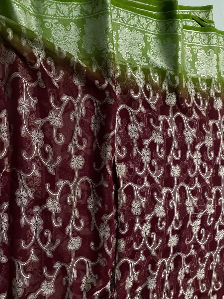 Elegant Burgundy &amp; Green Saree