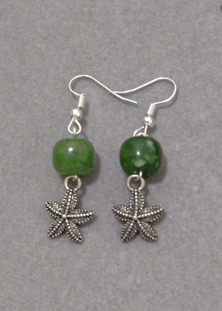 Green marble bead Starfish Earrings