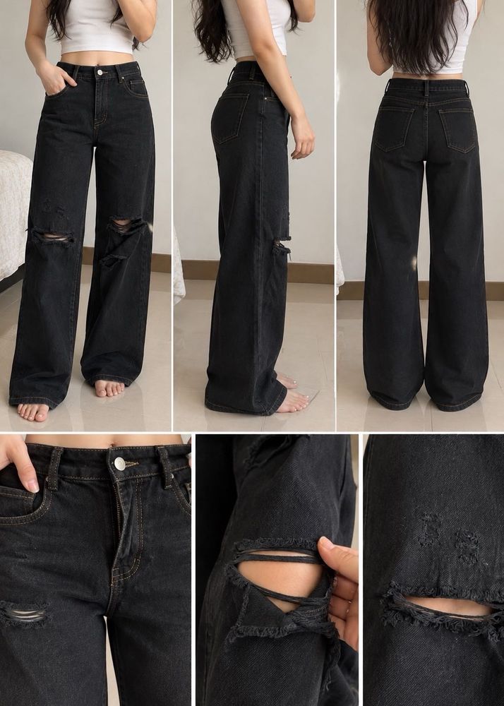 Black Ripped Wide Leg Jeans