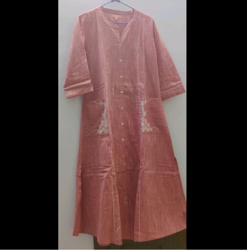 Peach Colour Pure Cotton Embroidered Kurti With Two Pockets