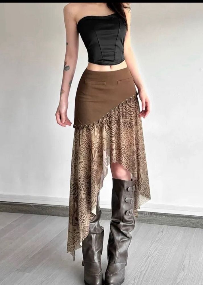 Unique Brown &amp; Leopard Print Asymmetrical Skirt