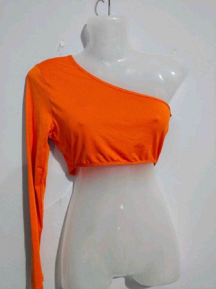 Orange One Shoulder Long Sleeve Crop Top