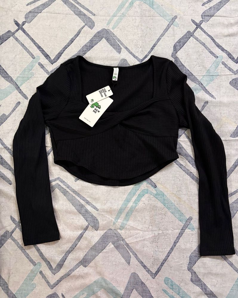Newme Black Ribbed Twist Front Crop Top