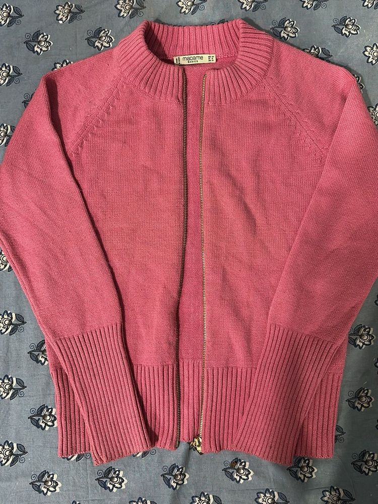 Pink Zip-Up Knit Cardigan