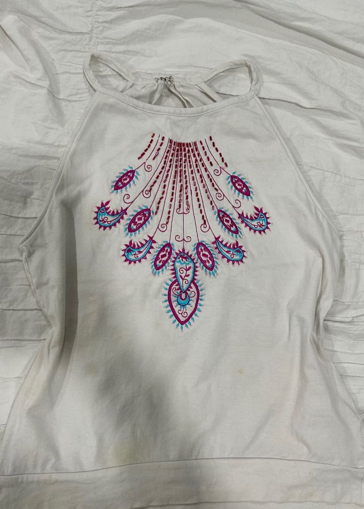 90s y2k beaded white halter neck top
