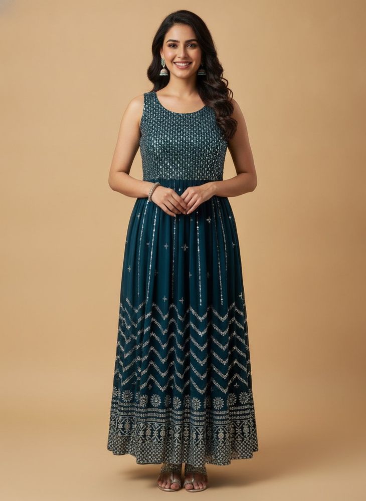 Stunning Teal Sequin Ethnic Gown