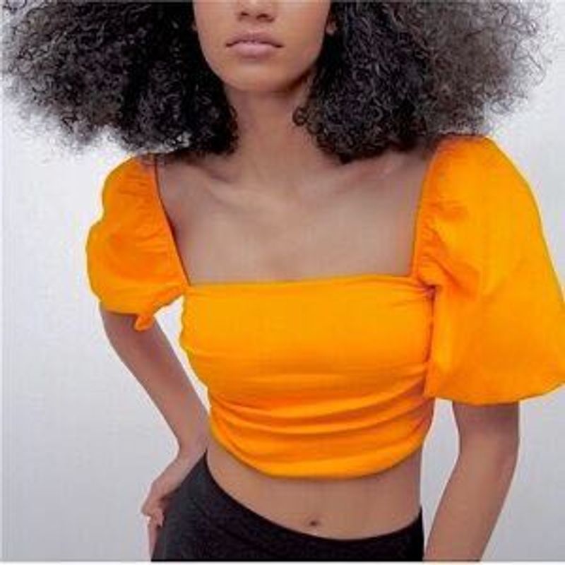 Orange Puff Sleeve Square Neck Crop Top