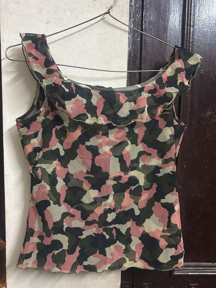 Camouflage Print Ruffled Tank Top