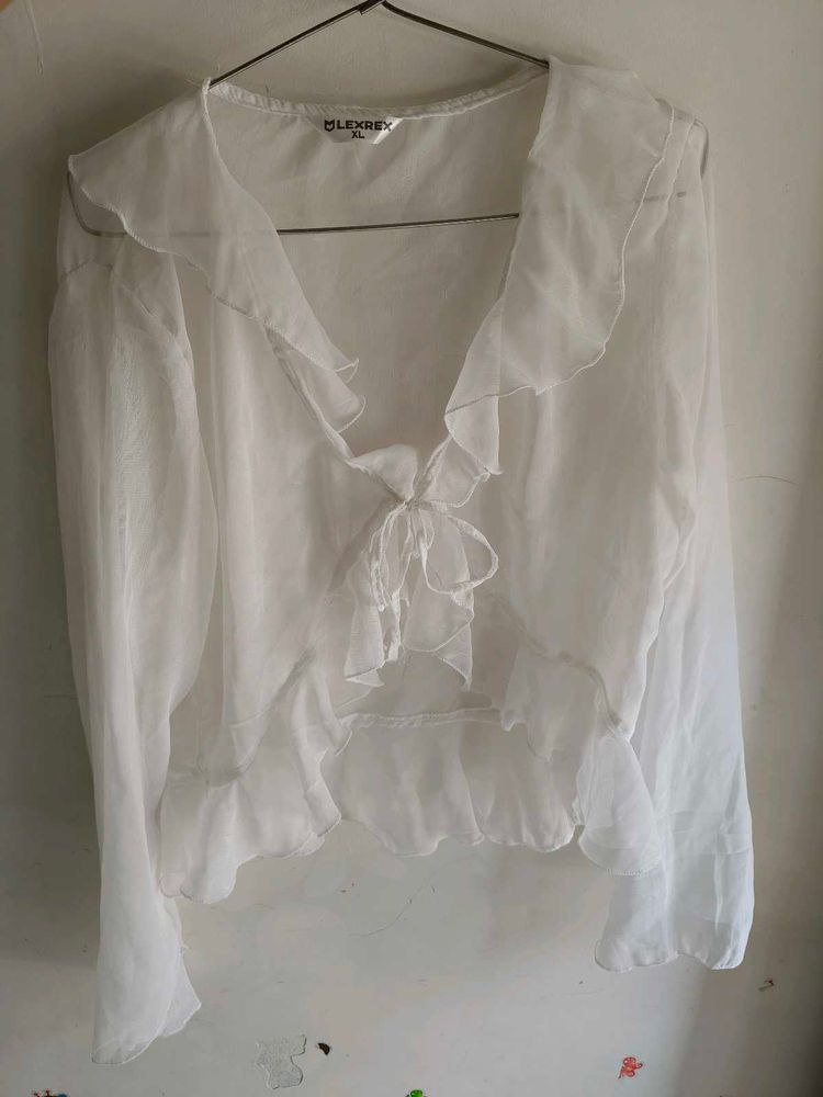 Sheer White Ruffle Tie-Front Top
