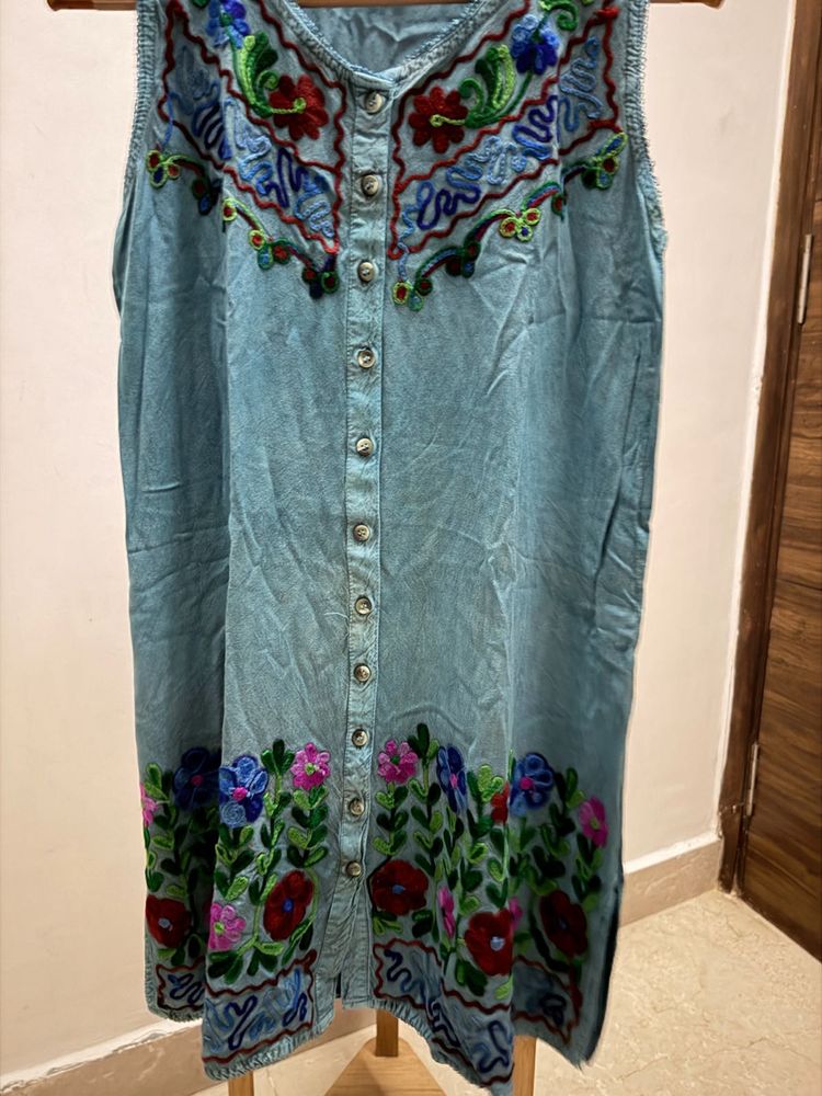 Embroidered Denim Kurta