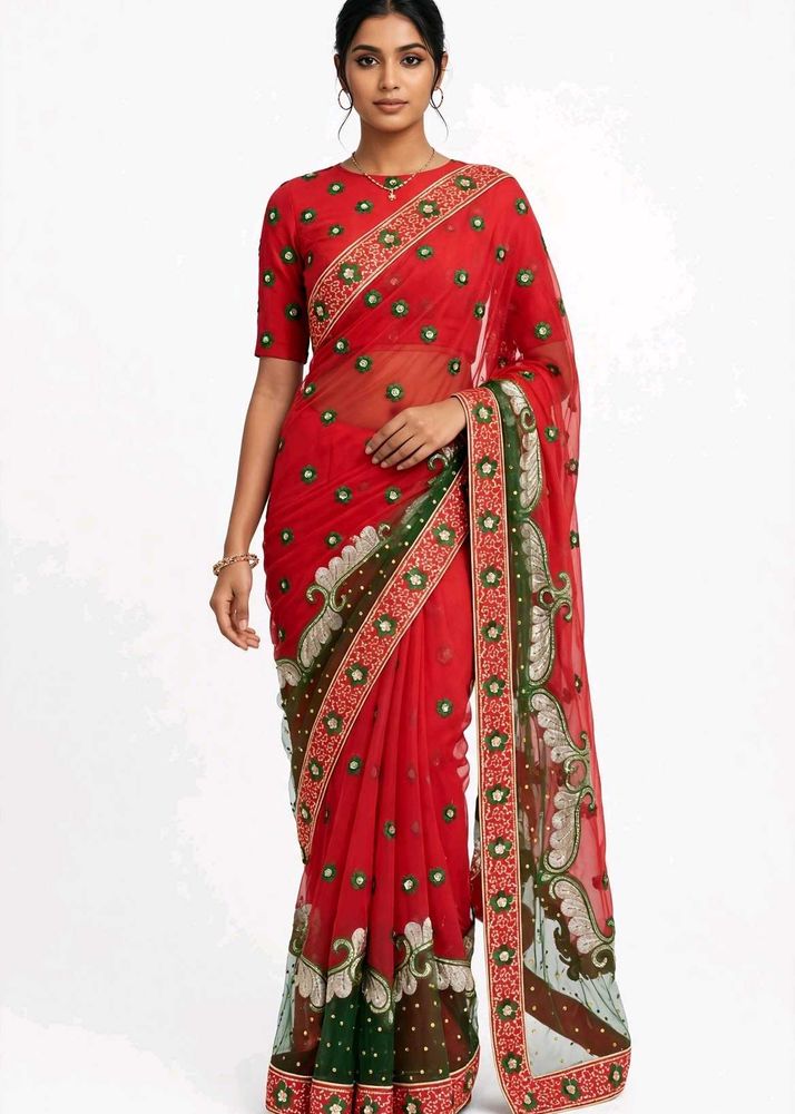 Red Embroidered Net Saree
