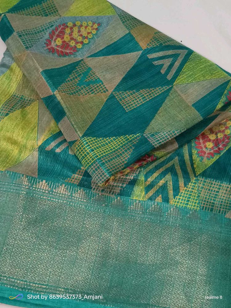 Beautiful Teal &amp; Yellow Geometric Print Saree