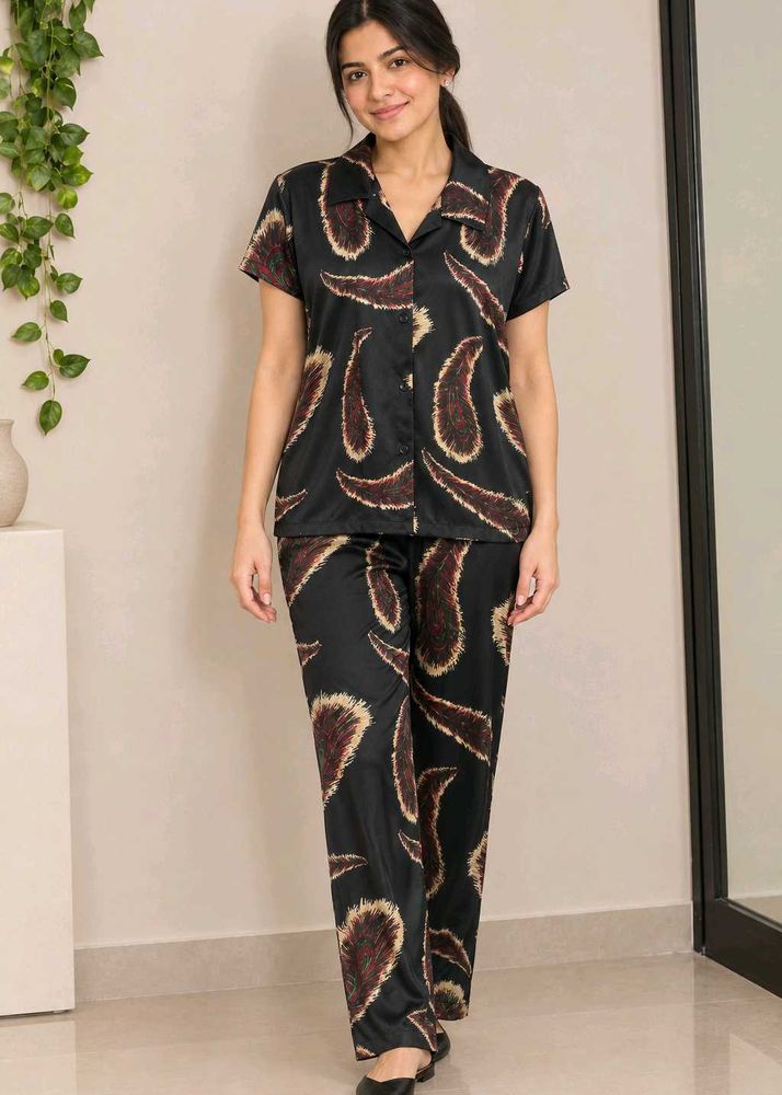 Black Satin Printed Nightwear / Pyjama Set