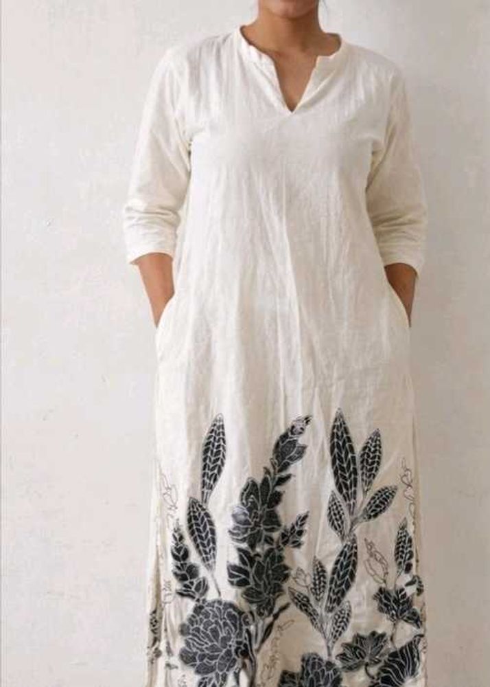 Elegant White Kurta with Black Floral Print