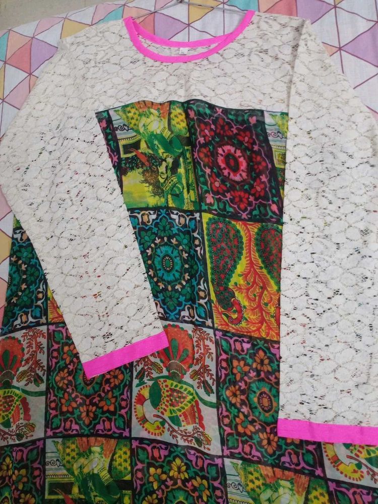 Boho Print Lace Sleeve Kurtas
