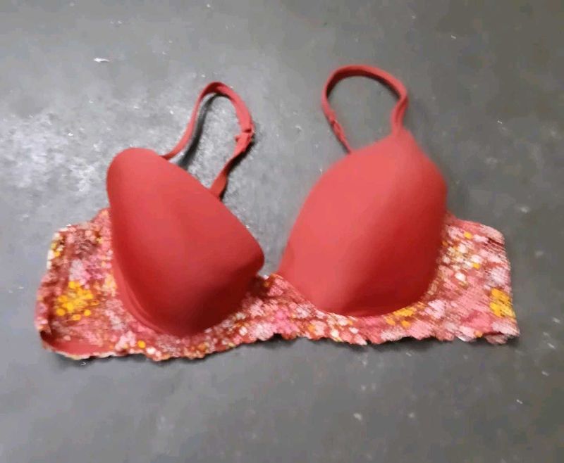 Red Padded Floral Bra