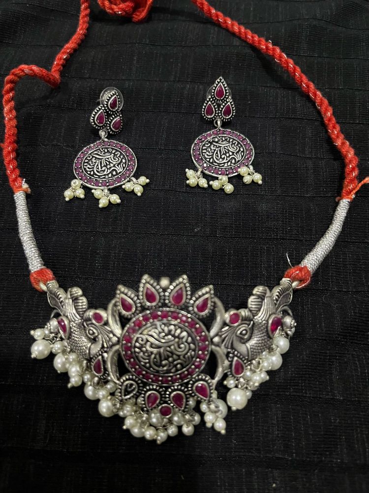 Oxidised Silver Necklace &amp; Earrings Set