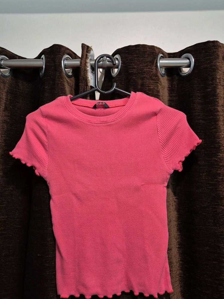 Cute Pink Ribbed Lettuce Hem Crop Top