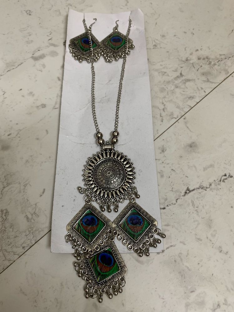 Peacock Feather Necklace &amp; Earrings Set