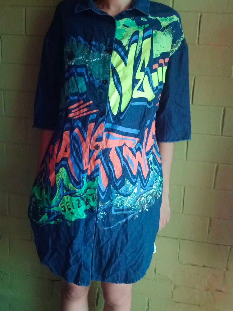 Vintage Graffiti Denim Shirt Dress