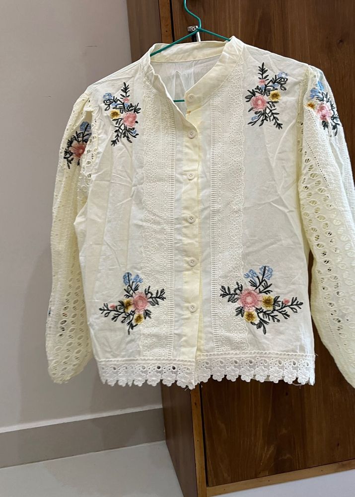 White Embroidered Cotton Top with Lace Detail