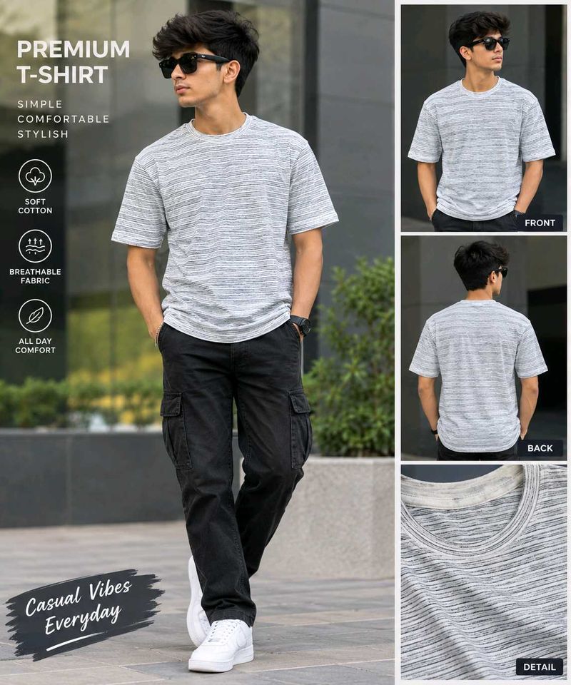 Premium Grey Striped T-Shirt for Men | size 32